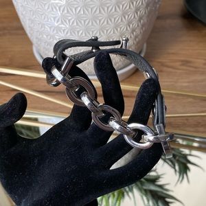 SKINNY black leather and silver tone adjustable bracelet